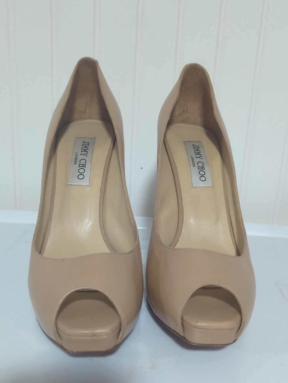Jimmy Choo Beige Peep Toe Platform Pumps